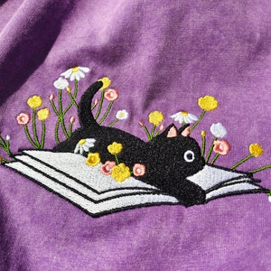 Cute Lying On The Book Cat Embroidered Tshirt,Unisex Oversize Black Cat shirt,Wildflower tshirt,Book tshirt,Cat Lover Gift,Book lover gift image 3