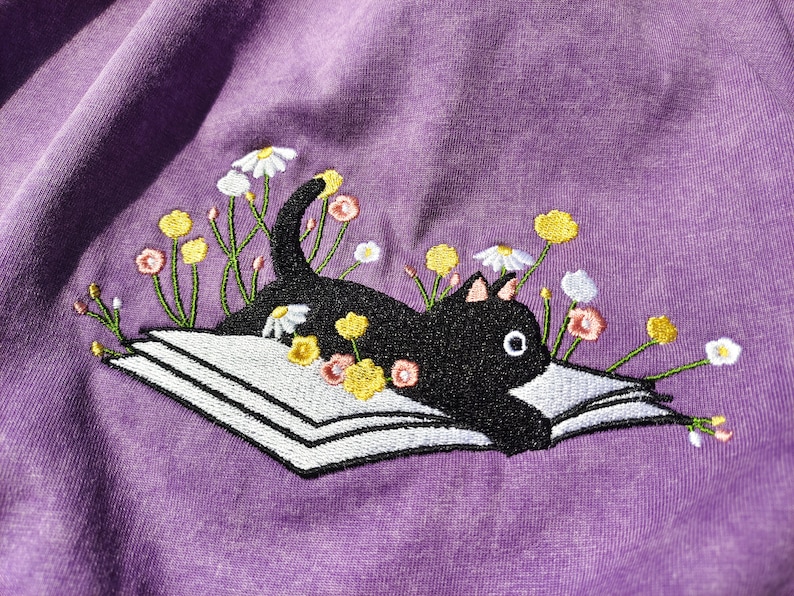 Cute Lying On The Book Cat Embroidered Tshirt,Unisex Oversize Black Cat shirt,Wildflower tshirt,Book tshirt,Cat Lover Gift,Book lover gift image 3