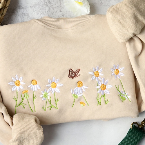 Daisies and Butterfly Embroidery Sweatshirtcrewneck - Etsy