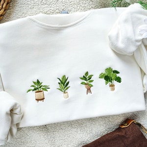 Sweat-shirt brodé de plantes en pot vertes, col rond brodé, sweat-shirt de jardinage, cadeau plante d'intérieur pour elle, cadeau pour les amoureux de la nature