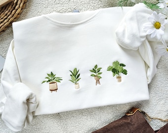 Besticktes grünes Topfpflanzen-Sweatshirt, besticktes Rundhals-Sweatshirt, Garten-Sweatshirt, Geschenk für Zimmerpflanzen, Geschenk für Naturliebhaber