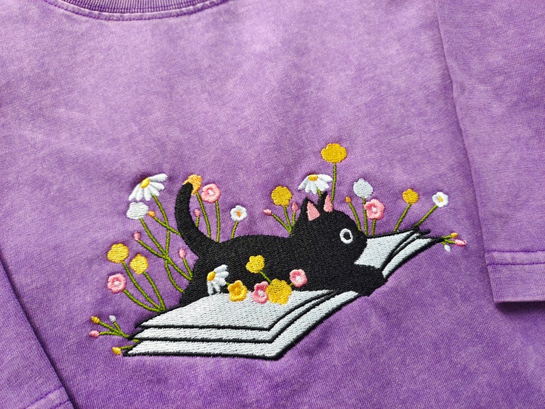 Cute Lying On The Book Cat Embroidered Tshirt,Unisex Oversize Black Cat shirt,Wildflower tshirt,Book tshirt,Cat Lover Gift,Book lover gift image 4