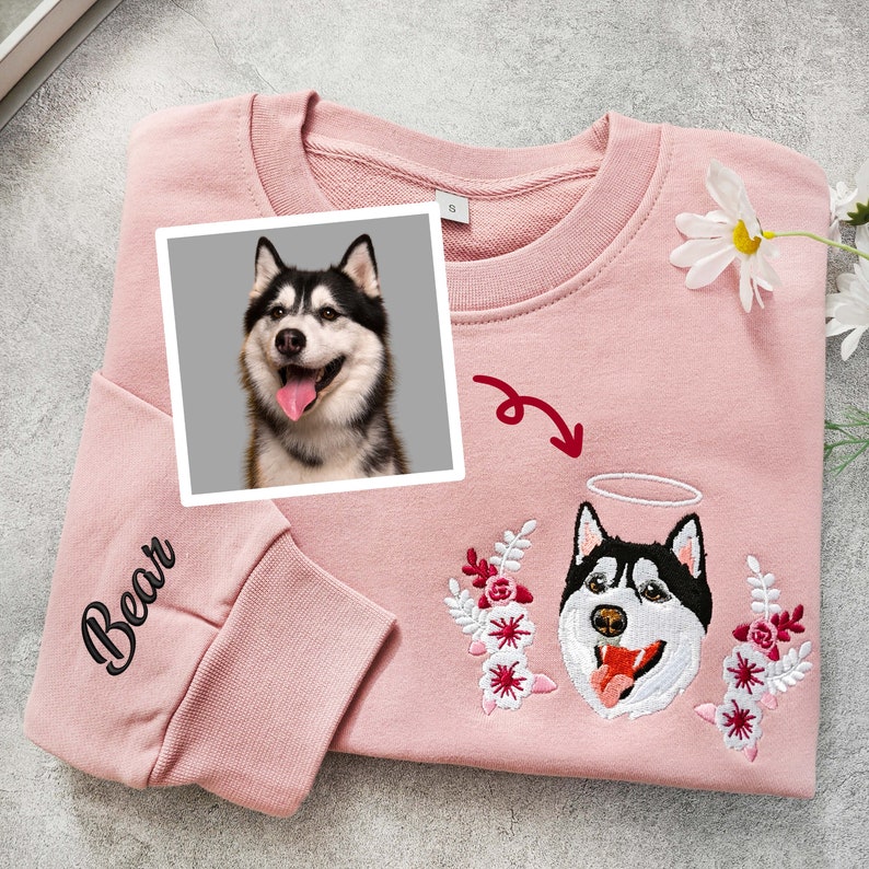 Custom Dog Portrait Embroidered Sweatshirt,Custom Pet Hoodie, Personalized Pet tees And Hoodies,Personalized Gift For Mom,Pet Memorial Gift image 1
