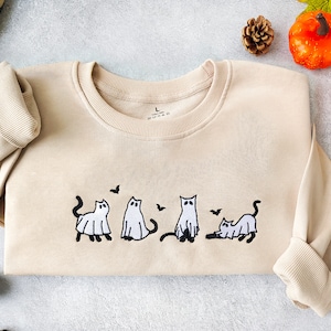Embroidered Ghost Cats Sweatshirt, Bats Halloween Hoodie,Fall Sweatshirt, Spooky Season Shirt, Halloween Sweatshirt,Cat Lover Shirt image 1