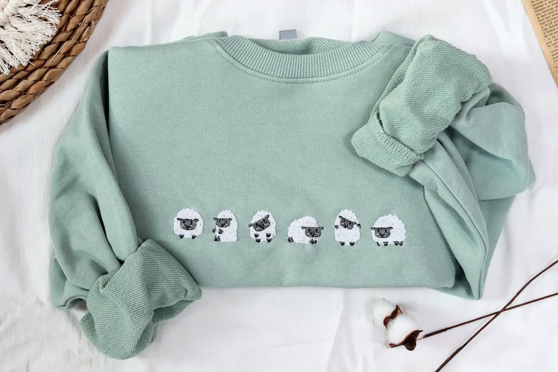 Embroidered sheep sweatshirt,embroidered sweatshirt,Green Sweatshirt,Farm,vintage sweatshirt image 1