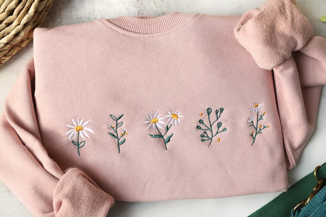 Pink Daisy Embroidered Crewneck Sweatshirt Embroidered lovely