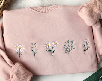 Rosa Gänseblümchen bestickt Crewneck Sweatshirt bestickt, Schöne Daisy, Blumen Sweatshirt, Geschenke für sie, Geschenk für MAMA