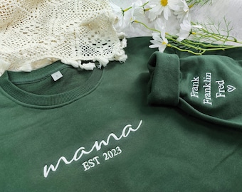 Sudadera de cuello redondo bordada estética de mamá y manga personalizada, sudadera de abuela con nombres de niños, regalos de mamá