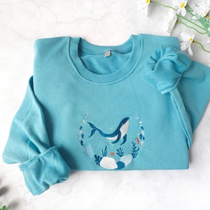 Blue Ocean Whale Embroidered Sweatshirt,Whale Embroidery Crewneck,Nature Lover Gift