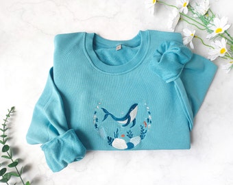 Blue Ocean Whale Embroidered Sweatshirt,Whale Embroidery Crewneck,Nature Lover Gift