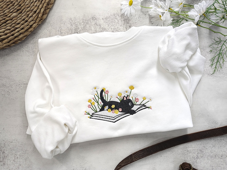 Cute Lying On The Book Cat Embroidered Sweatshirt,Embroidered Daisy crewneck,Reading Sweatshirt,Books Reading, Gift for Cat Lover image 3