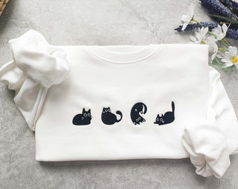 Schöne schwarze Katze gesticktes Sweatshirt, gesticktes Sweatshirt mit Rundhalsausschnitt, Weihnachtsgeschenke, Geschenke für sie, Geschenk für Katzenliebhaber