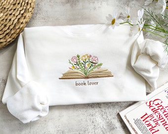 Sudadera bordada amante de los libros, sudadera de lectura, sudadera de flores, cuello redondo bordado, regalo para los amantes de los libros, regalo de los lectores de libros