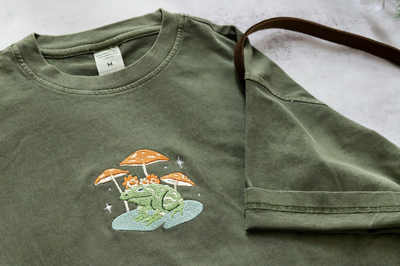 Frog and Mushroom Embroidered Tshirt,Personalised Vintage Unisex Shirt,Oversized tshirts,Gifts for her/he,Nature Lover's Gift image 2