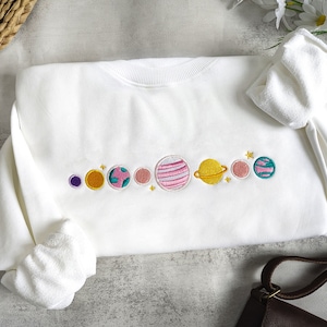 Pink Planets Embroidered Sweatshirt,Embroidered Space Crewneck,Comfy Cute Sweatshirt image 1