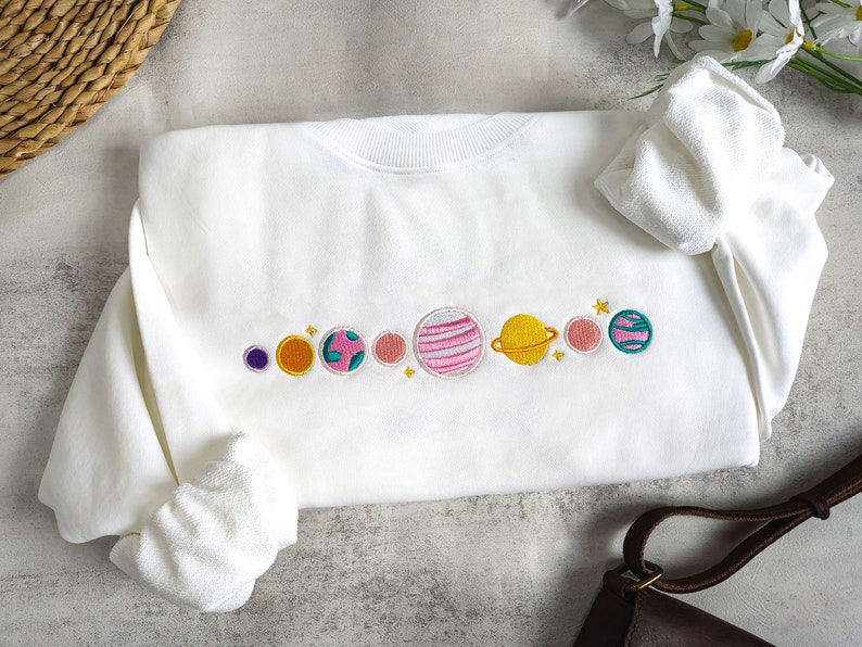 Pink Planets Embroidered Sweatshirt,Embroidered Space Crewneck,Comfy Cute Sweatshirt image 1