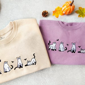 Embroidered Ghost Cats Sweatshirt, Bats Halloween Hoodie,Fall Sweatshirt, Spooky Season Shirt, Halloween Sweatshirt,Cat Lover Shirt image 3