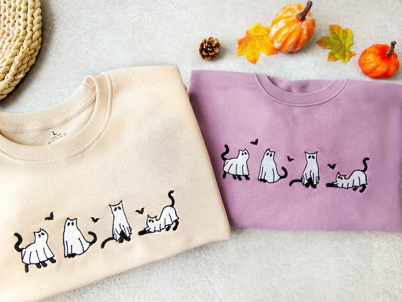 Embroidered Ghost Cats Sweatshirt, Bats Halloween Hoodie,Fall Sweatshirt, Spooky Season Shirt, Halloween Sweatshirt,Cat Lover Shirt image 3