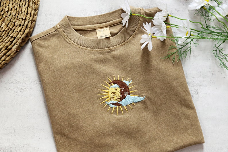 Sun And Moon Embroidered Tshirt,Moon Bohemian Shirt,Oversized Vintage tshirts,Gifts for her/he image 5