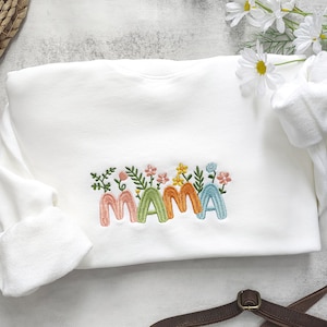 Mama Embroidered Floral Sweatshirt, Embroidery Sweatshirt Flower Letter,Custom gifts for Mom,Gifts for Mother's day