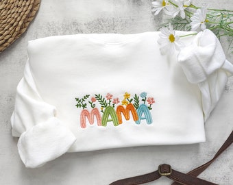 Mama Embroidered Floral Sweatshirt, Embroidery Sweatshirt Flower Letter,Custom gifts for Mom,Gifts for Mother's day