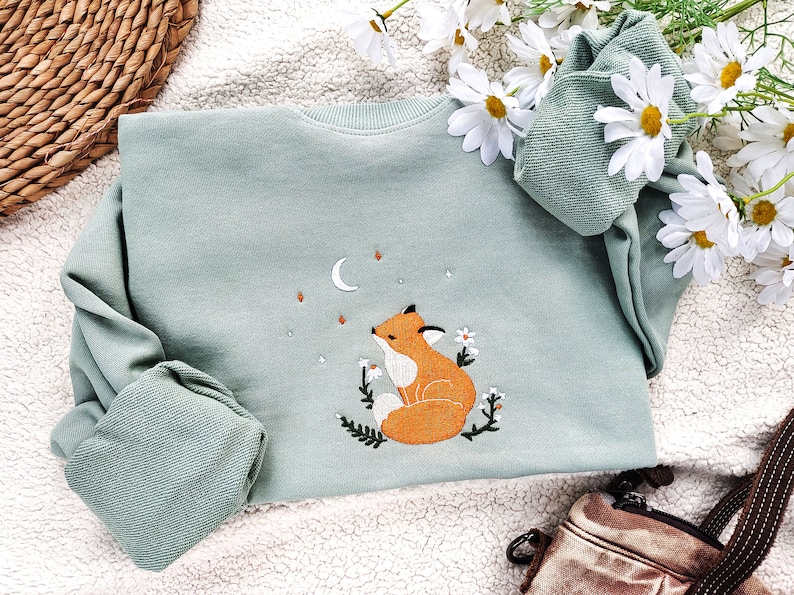 Fox Daisy Embroidered Sweatshirt,Embroidered Sweatshirt Vintage,Embroidered Crewneck ,Nature Lover Gift image 1