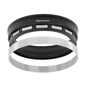 Puede incluir: Un tamper de espresso negro y plateado con el texto "ARO espresso" en el anillo superior.