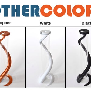 May include: Three clear glass test tubes with a twisted, 3D printed stand. The stands are available in copper, white, and black.