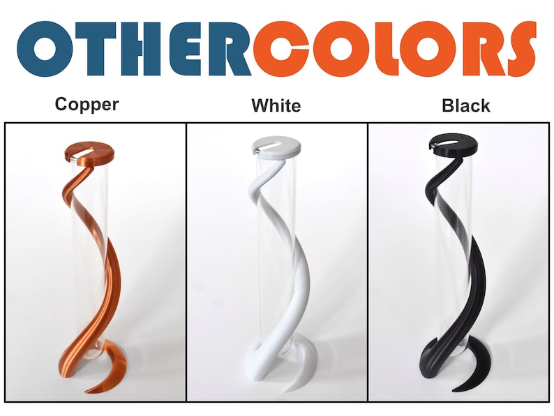 May include: Three clear glass test tubes with a twisted, 3D printed stand. The stands are available in copper, white, and black.