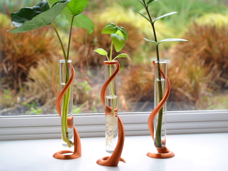 May include: Three glass test tubes with plants growing in them are held in place by copper-colored, twisted metal stands. The stands are shaped like a swirl or a wave.