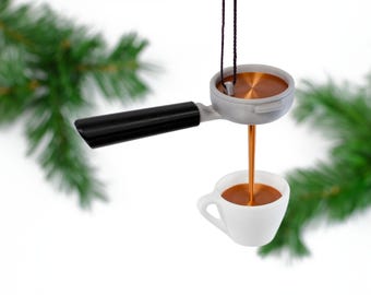 3D Espresso Shot Christmas Ornament | Bottomless Portafilter with Coffee Streaming into Cup