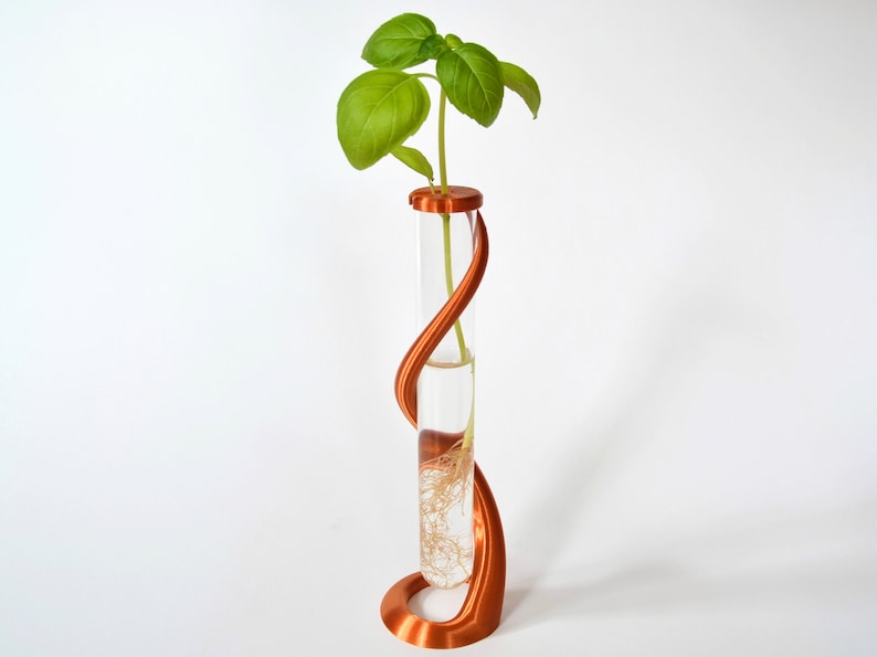 May include: A copper-colored metal vase with a unique, swirling design holds a glass test tube filled with water and a small green plant with roots.