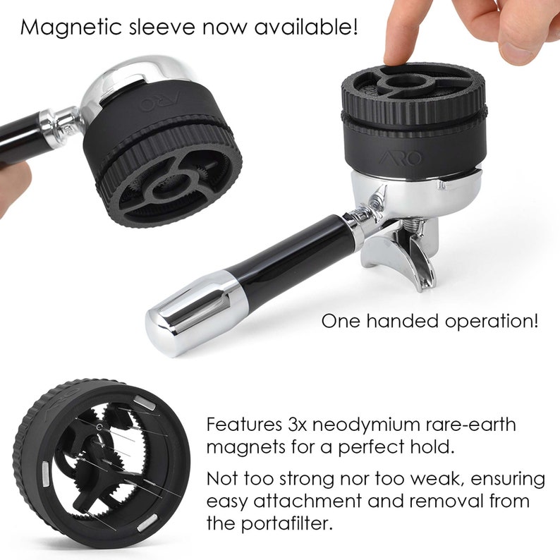 Three images of a matte black spirographic espresso distribution tool with a magnetic sleeve showing benefits of the magnetic sleeve.