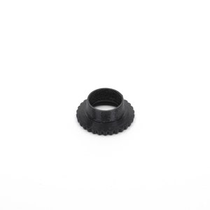 May include: A black plastic ring with a ridged outer edge. The ring is designed to be used as a camera lens adapter.