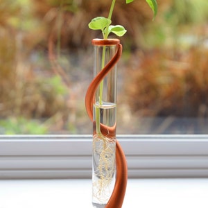 May include: A copper-colored metal stand with a curved design holds a glass test tube filled with water and a small green plant with roots.
