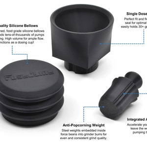 Puede incluir: Accesorios negros para molinillo de caf&eacute;, que incluyen un embudo de dosis &uacute;nica, un fuelle de silicona, un peso anti-rebote y un canal de aire integrado. Los fuelles est&aacute;n etiquetados como "Fuel Line".