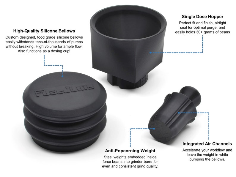 Puede incluir: Accesorios negros para molinillo de caf&eacute;, que incluyen un embudo de dosis &uacute;nica, un fuelle de silicona, un peso anti-rebote y un canal de aire integrado. Los fuelles est&aacute;n etiquetados como "Fuel Line".