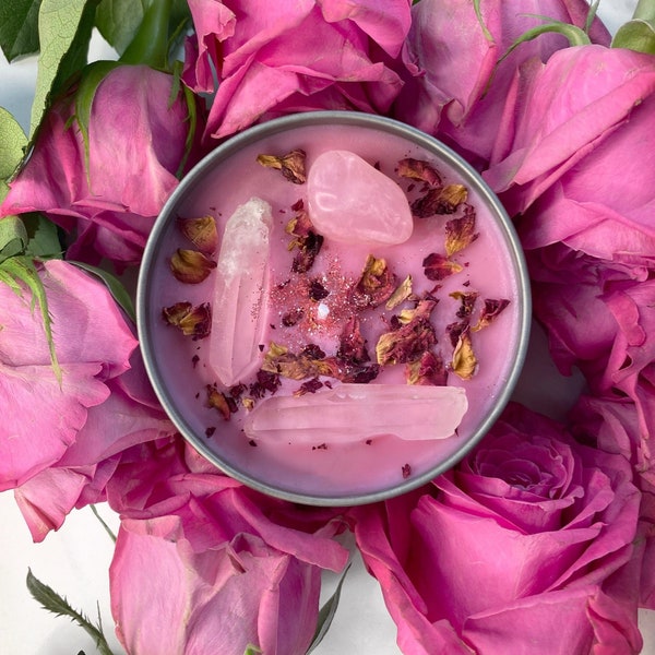 Love Spell, Crystal Candle, Manifestation Candle, Self Care Gifts, Calming Candle, Peony And Blush Suede Scented