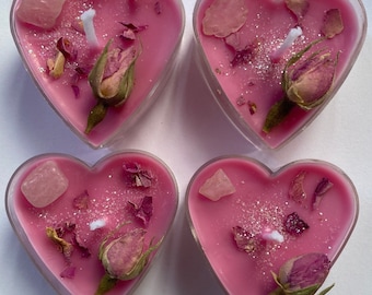 Pink Heart Shaped Tea light Candles With Rose Quartz, Manifestation, Self Care, Valentines Day, Toasted Marshmallow Scented