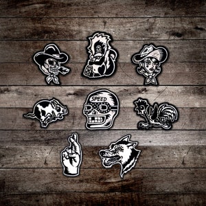 Western Iron on patches, Sailor Jerry, Bert Grimm, Skull, Motorcycle, Tattoo Flash, Traditional tattoo patch, Punk, Rockabilly,