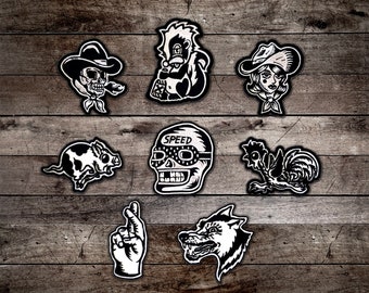 Western Iron on patches, Sailor Jerry, Bert Grimm, Skull, Motorcycle, Tattoo Flash, Traditional tattoo patch, Punk, Rockabilly,
