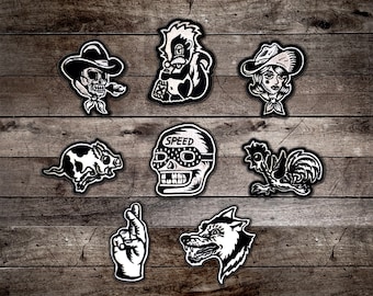 Western Iron on patches, Sailor Jerry, Bert Grimm, Skull, Motorcycle, Tattoo Flash, Traditional tattoo patch, Punk, Rockabilly,