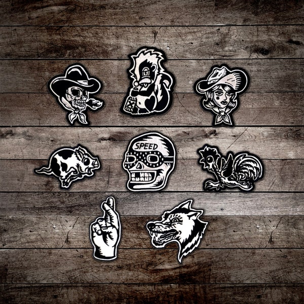 Western Iron on patches, Sailor Jerry, Bert Grimm, Skull, Motorcycle, Tattoo Flash, Traditional tattoo patch, Punk, Rockabilly,