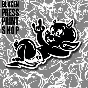 May include: Black and white illustration of a devil baby wearing a diaper and making the rock and roll hand gesture. The baby has horns and a mischievous expression.