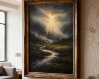 Mountain Valley Printable Wall Art, Moody Landscape Painting, Dark Academia Decor, Digital Download