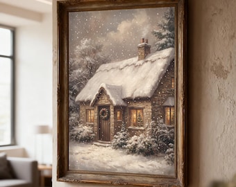 Verschneite Hütte Weihnachten Ölgemälde, Winterkranz Printable (Digitaler Download)