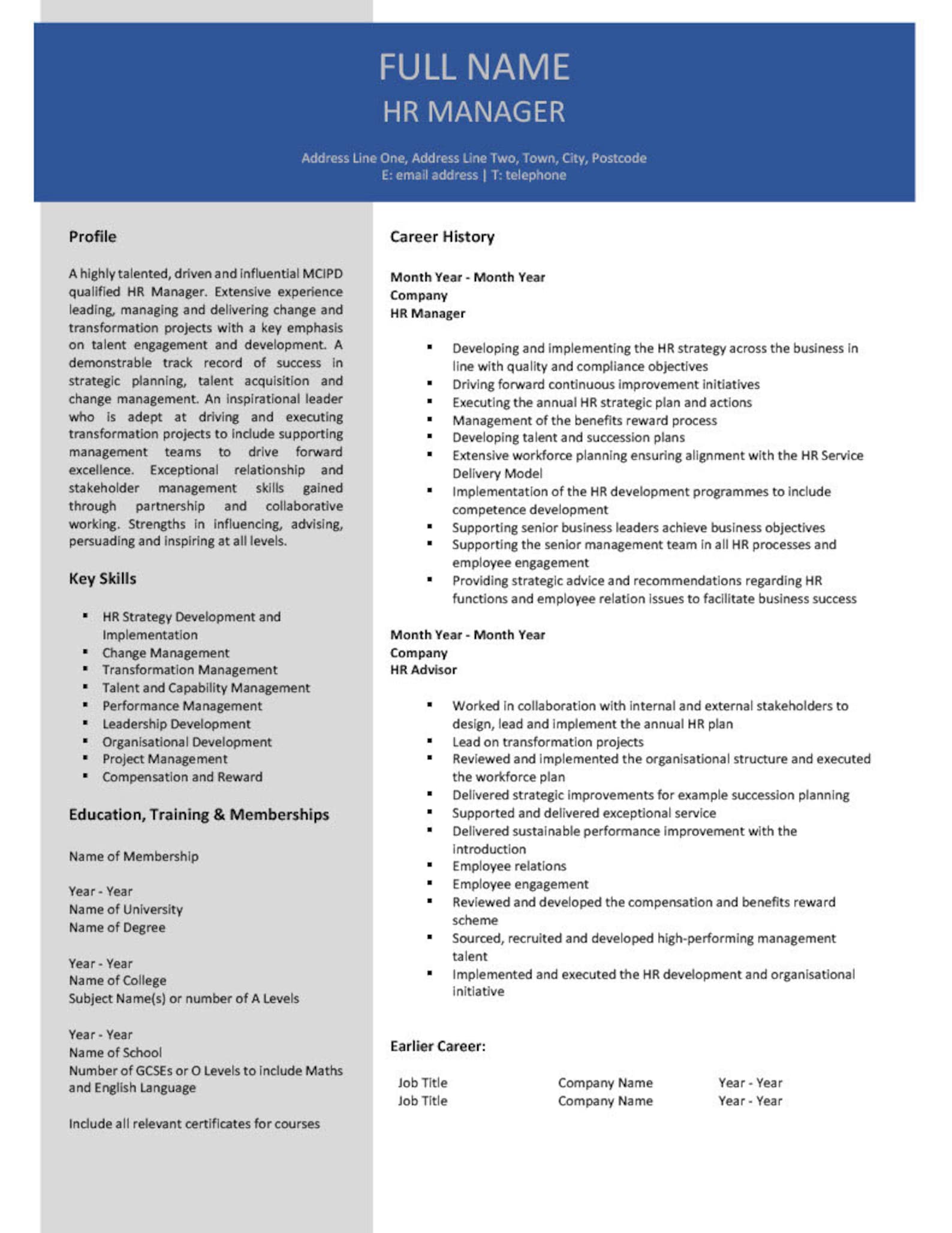 HR Manager CV Template / CV Template / Resume / Word / Professional