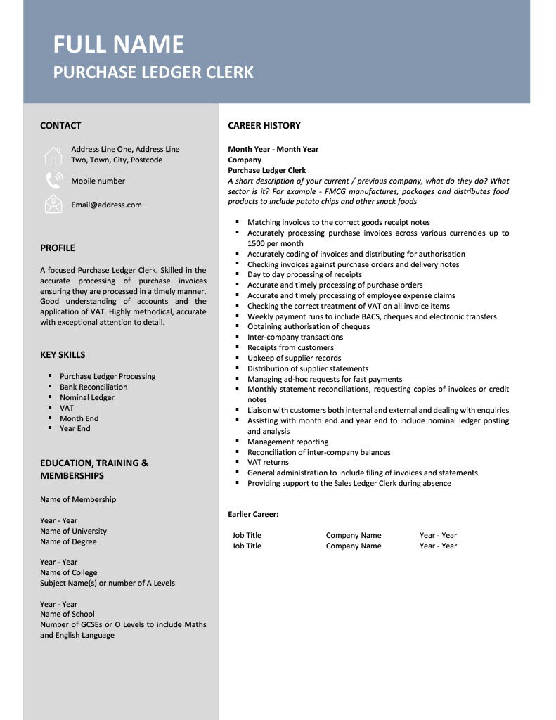 Purchase Ledger Clerk CV Template / CV Template / Resume / Etsy