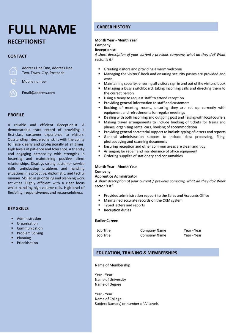 Receptionist CV Template / CV Template / Resume / Word / Professional Receptionist CV Template / CV Template / Resume / Word / Professional