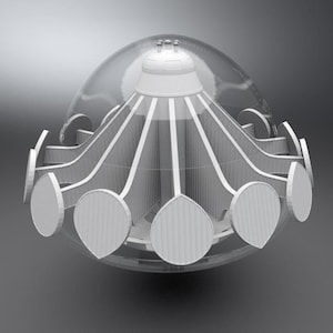 May include: A white, dome-shaped light fixture with a clear glass cover and multiple white, curved, light panels extending outwards.